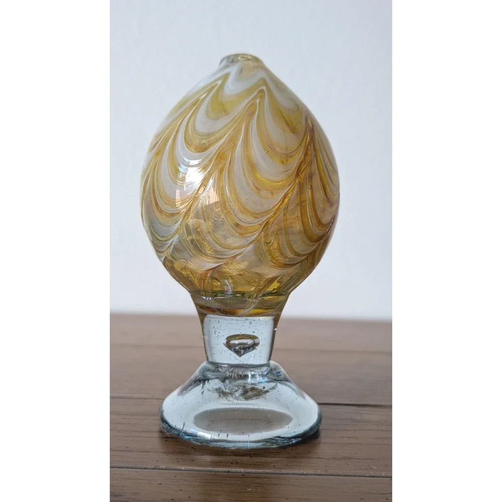 Vintage Hand Blown Amber White Swirl Art Glass Bud Vase Controlled Bubble Signed